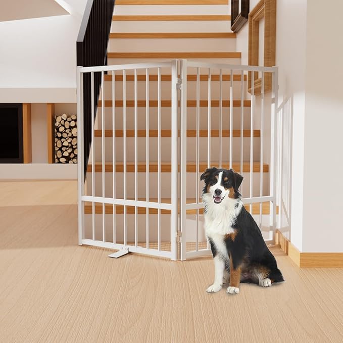 Full Metal Freestanding Dog Gate with Door, 32''Height Foldable Pet Dog Fence for Indoor & Outdoor, 2 Panels Extra Wide Free Standing TallDog Gates for Doorways,House,Stairs,Porch,Deck,Yard-PawvioPets