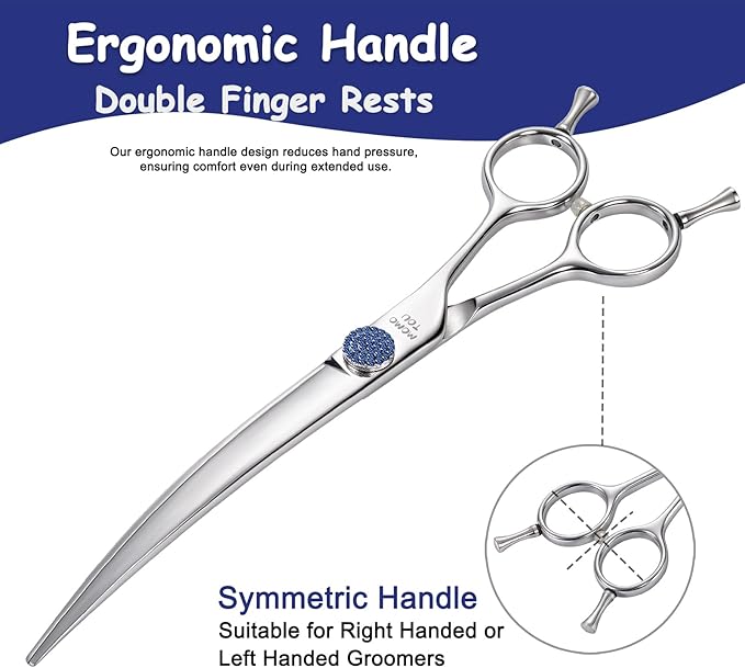 7'' Dog Grooming Scissors CNC 440C Blades Sharp and Durable Polished Curved Dog Shears with Blue Diamond Adustable Screws Easy to Use for Groomer and Home User-PawvioPets