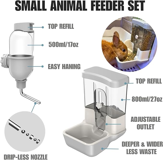 Automatic Pet Food Water Dispenser, Auto Gravity Pet Feeder Water Bottle Set for Crate Cage, Feeding Station for Small Dog Cat Rabbit Guinea Pigs Chinchilla Ferret Hedgehog (Gray)-PawvioPets