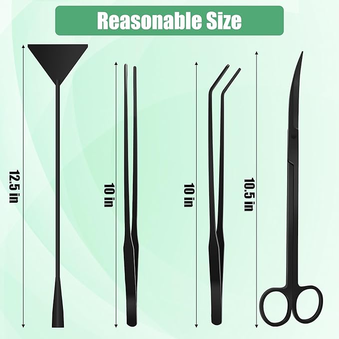 Aquarium Aquascape Tools Kit, 4 in 1 Anti-Rust Aquatic Plant Aquascaping Tool Stainless Steel Black Tweezers Scissors Spatula for Aquarium Tank Clean Fish Tank Aquascape Tools Sets (Black)-PawvioPets