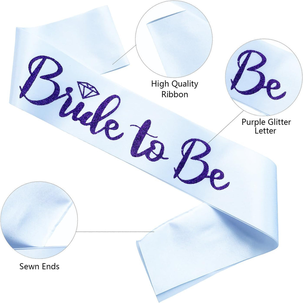 Bride to Be Sash, Bachelorette Party Sash for Bridal Shower Wedding Party Favors Accessories Supplies Engagement Gifts,White Satin with Glitter Letter Purple