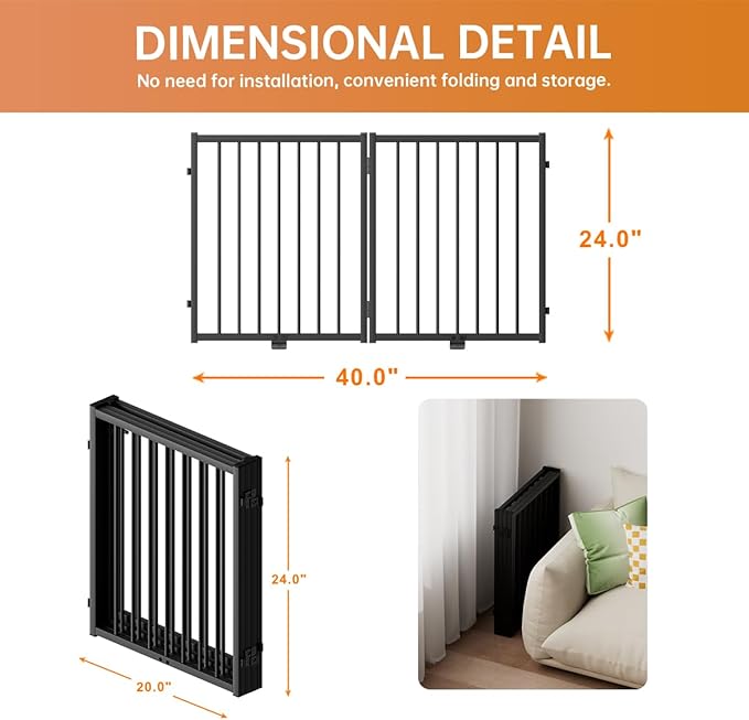 Full Metal Freestanding Dog Gate with Door, 24'' Height Foldable Pet Dog Fence for Indoor & Outdoor, 2 Panels Extra Wide Free Standing SmallDog Gates for Doorways,House,Stairs,Porch,Deck,Yard-PawvioPets
