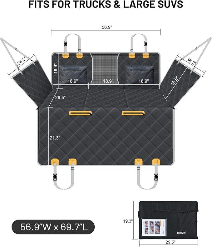 Back Seat Extender for Dog, Waterproof Dog Car Seat Cover for Back Seat, Hard Bottom Car Seat Cover, Large Space Hammock for Full-Size Crewcab Trucks, Pet Seat Cover Holds 450lbs(Black)-PawvioPets