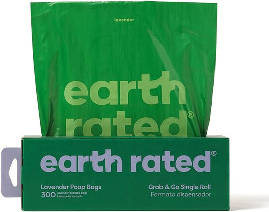 Earth Rated Dog Poop Bags, Thick Grab and Go Single Roll, Ideal for Backyard Pickups, Lavender Scented, 300 Count-PawvioPets