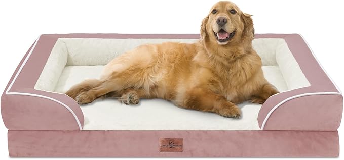 Comfort Expression Waterproof Orthopedic Foam Dog Beds Extra Large Dogs, XL Dog Bed with Bolster, Washable Pet Sofa Couch with Removable Cover & Non-Slip Bottom(X-Large,Pink)-PawvioPets