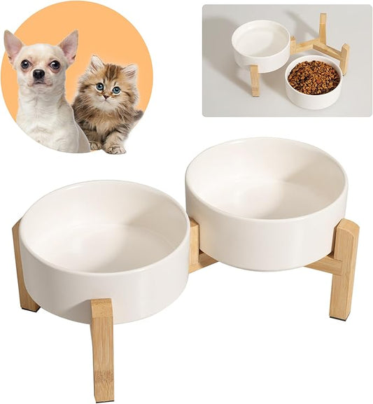 Elevated Ceramic Dog Bowl Set - Raised Feeding Bowls with Non-Slip Bamboo Stand - Small Pet Dishes for Food and Water - Ideal for Cats and Puppies - 16.23 OZ - 2 Cups - 480 ML-PawvioPets