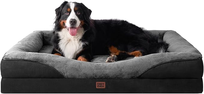 EHEYCIGA Memory Foam XXL Dog Bed for XLarge Sized, Orthopedic Dog Sofa with Sides and Waterproof Liner, Washable Bolster Pet Couch with Removable Cover, 52x41x8 Inch, Grey/Black-PawvioPets