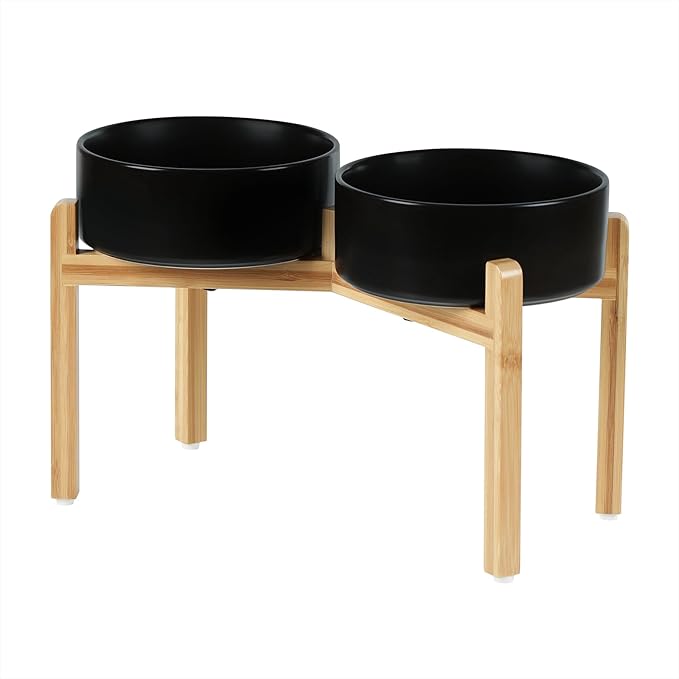 Ceramic Raised Double Bowls Set with Stand, Food & Water Bowls for Large Breed Dogs, Weighted Dog Dishes, Pet Bowl(8.2'',60OZ, Black)-PawvioPets