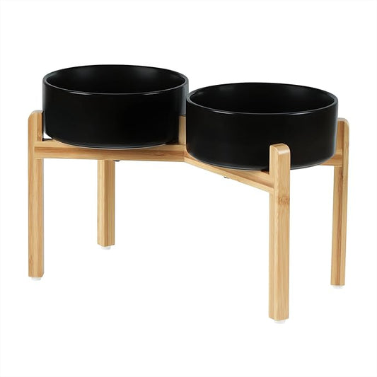 Ceramic Raised Double Bowls Set with Stand, Food & Water Bowls for Large Breed Dogs, Weighted Dog Dishes, Pet Bowl(8.2'',60OZ, Black)-PawvioPets