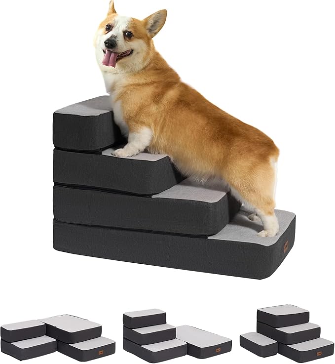 4-Step Adjustable Dog Stairs for Beds, Dog Steps for Small Dogs and Cats, Foldable Pet Stairs for Bed Climbing, Non-Slip Pet Step Indoor, Grey-PawvioPets