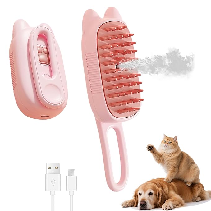 4 in 1 Cat Steam Brush Rechargeable Anti-Static Pet Spray Hair Removal Comb for Shedding and Grooming Multi-functional Pet Massage Brushes for Cats Dogs Small Animals-PawvioPets