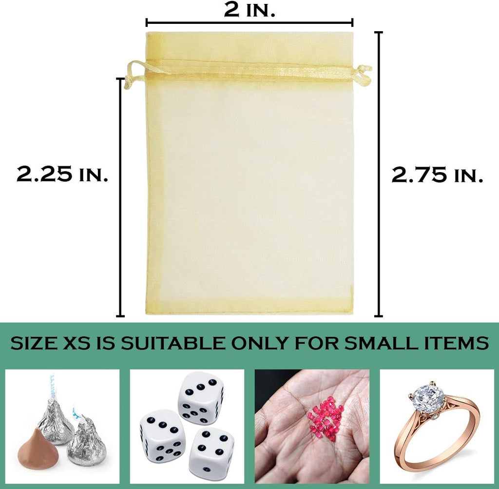 TheDisplayGuys 100-Pack XS 2 x 2 3/4" Gold Sheer Organza Gift Bags with Drawstring, Jewelry Candy Treat Wedding Party Favors Mesh Pouch