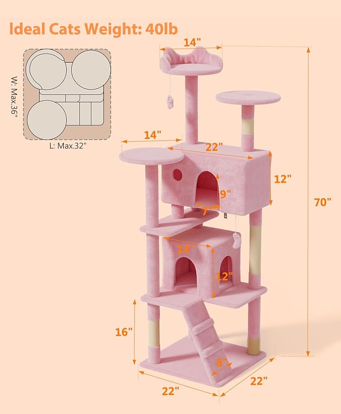 70'' Cat Tree Tower for Indoor Cats Large Adult,Cute/Tall Modern Cat Tree for Big Cats 20 lbs,Plush Multi-Level Cat Condo with Scratching Posts,Dangling Ball for Fun Play(Soft Pink, 70 inch)-PawvioPets