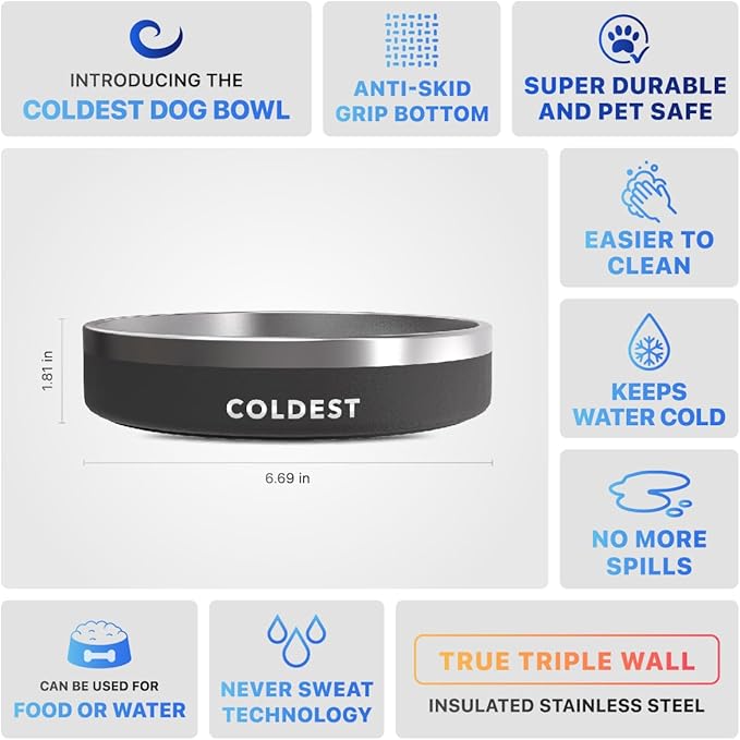 Coldest Dog Bowl - Anti Rust Metal, Non Slip, 3 Layers Insulated Stainless Steel Dog Bowls - Spill Proof & Heavy Duty - Water Bowl for Dogs, Cats & Pets, Dish Washer Safe (21 oz, Stealth Black)-PawvioPets