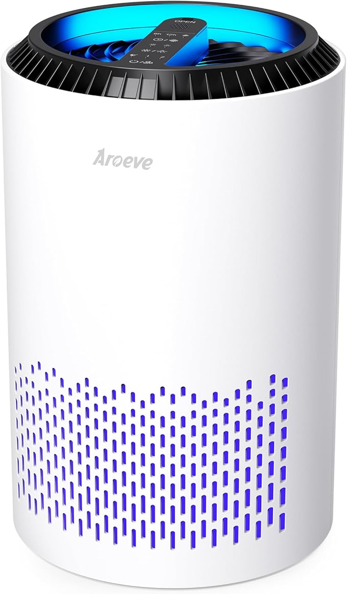 AROEVE Air Purifiers for Bedroom Home, 3 Layer Filter for Smoke Pollen Allergies Pet Dander Odor, Sleep Mode for Better Sleep, Energy Saving, 3 Speeds, Timer for Office, Dorm, Kitchen, MK01, White-PawvioPets