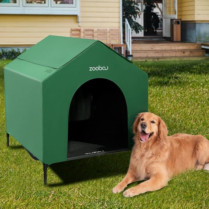 42" 2-in-1 Dog House for Medium Dogs, Elevted Dog House Outdoor/Indoor, Puppy Shelter Outside,Water Resistant 600D PVC and Durable 2x1 Textilene Raised Dog Bed(Green)-PawvioPets