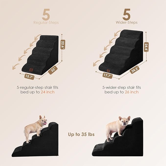 EHEYCIGA Curved Dog Stairs Ramp for High Beds, 5-Step Extra Wide Dog Steps for Small Dogs and Cats, Pet Stairs for High Bed Climbing, Non-Slip Balanced Pet Step Indoor, Black-PawvioPets