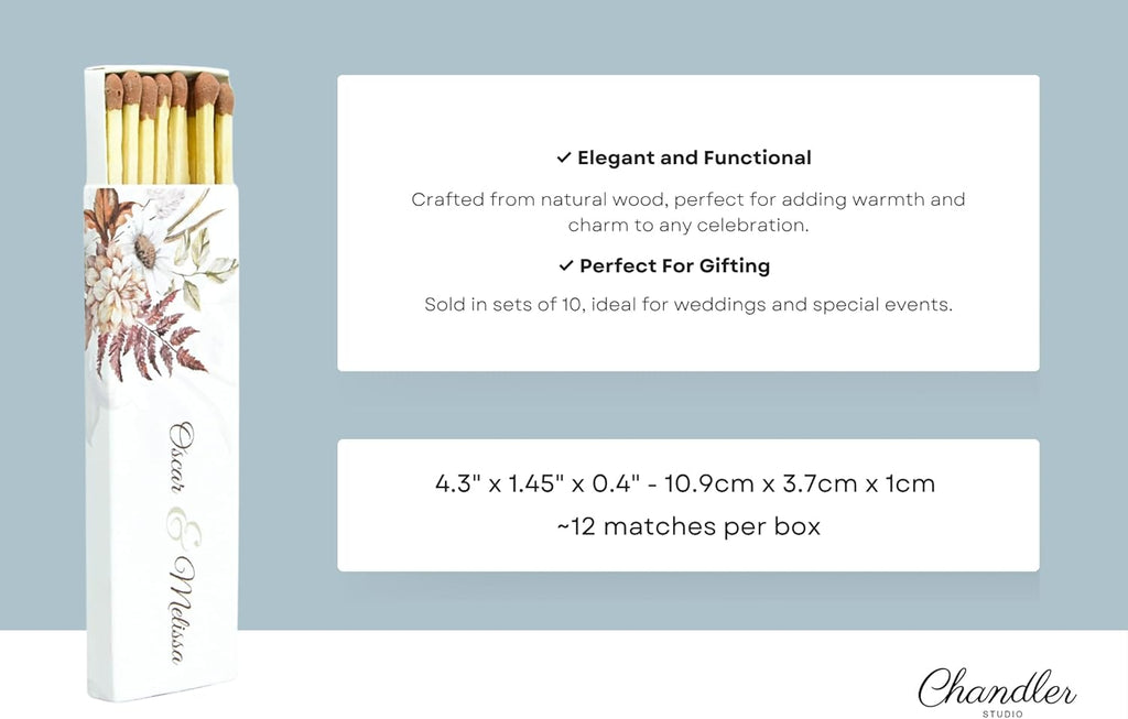 10 Boxes - Customized Matchboxes Colorful Tips (Wedding Design #5, 4" Matchboxes) (4" Matchsticks, Wedding Design #4)