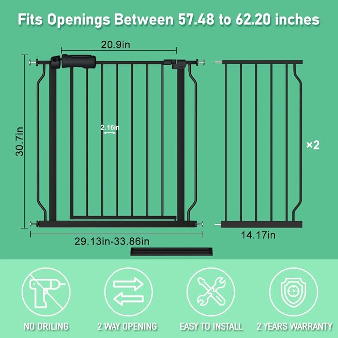 ALLAIBB Extra Wide Pressure Mounted Baby Gate Walk Through Child Kids Safety Toddler Tension White Long Large Pet Dog Gates with Extension for doorways Kitchen (57.48-62.20"/146-158cm, Black)-PawvioPets