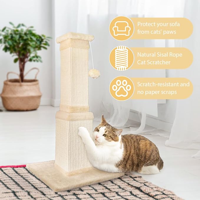 AGYM Cat Scratching Post, 32 Inch Cat Scratching Post for Large Cats, Scratching Posts for Indoor Cats Adults, Cat Scratch Post with Nature Sisal, Beige-PawvioPets