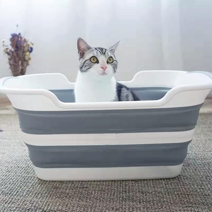 Collapsible Pet Bathtub, 7.1 Gal (27L) - Foldable Bathing Tub with Drain Plug for Dogs & Cats Under 30 lbs - Multi-Use as Laundry Basket, Storage Organizer, Camping Sink (Grey)-PawvioPets