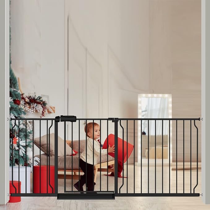 Extra Wide Baby Gate 71.6-76.37 Inch Black, Walk Through Pressure Mounted No Drill Long Large Tension Metal Gate for Dog and Toddler-PawvioPets
