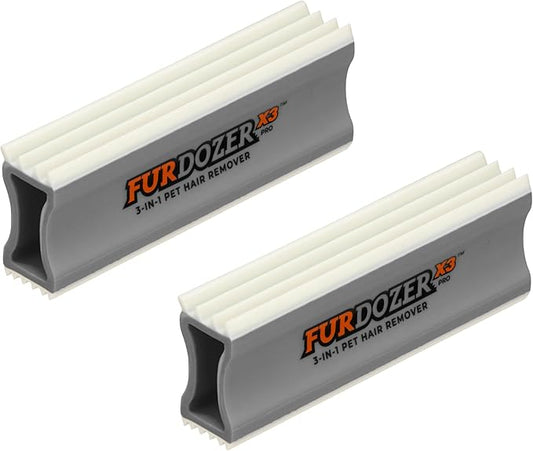 FurDozer X3 PRO Pet Hair Remover & Auto Detailing Tool - Cat & Dog Hair Remover for Carpet, Car Interior, Couch, Bedding, & Furniture - Reusable Pet Hair Removal Tool for Fur & Lint, 5" (Grey, 2-Pack)-PawvioPets