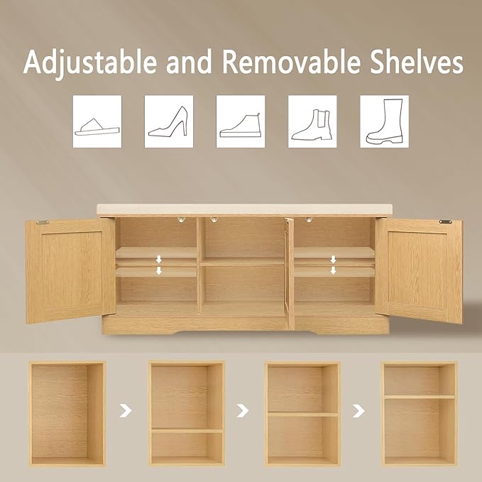 DINZI LVJ Shoe Bench, Entryway Storage Bench with Doors, Cushion, 2-Tier Shoe Rack with 6-Cubby, 39.4”L x 13.8”W Shoe Organizer Cabinet, Adjustable Shelf, Living Room, Bedroom, Natural-PawvioPets