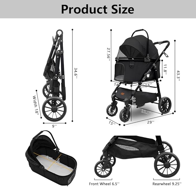 Dog Cat Stroller, Foldable 4 Wheels Dog Stroller for Small Medium Dogs 20 lbs,Pet Strollers for Large Dogs 50lbs, Stable Anti-Shock Detachble Carrier,with 360°Swiveling Front Wheel forTravel-PawvioPets