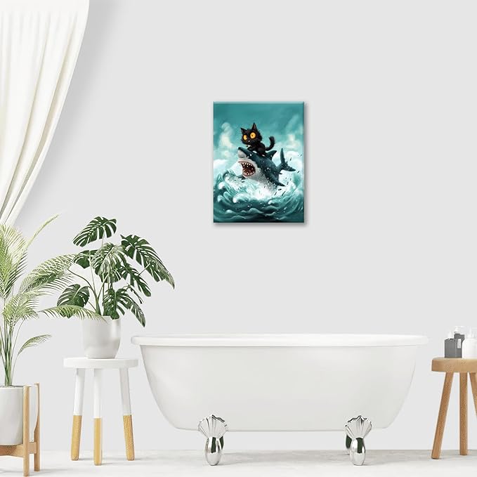 Funny Black Cat Bathroom Wall Art Cute Cat Riding Shark Canvas Wall Decor Animal Kitten Pictures Painting Print Artwork Framed Decorations Gifts for Cat Lover Kids Room Bedroom 12"x16"-PawvioPets