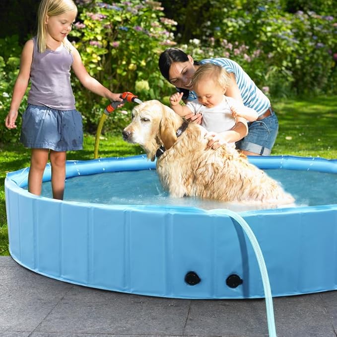 63" Large Dog Pool with Sprinkler, 2-in-1 Foldable Swimming Pool Non-Slip Hard Plastic Splash Sprinkler Kiddie Pool for Outdoor Backyard Kids Dogs Ducks and Pet Baths-PawvioPets