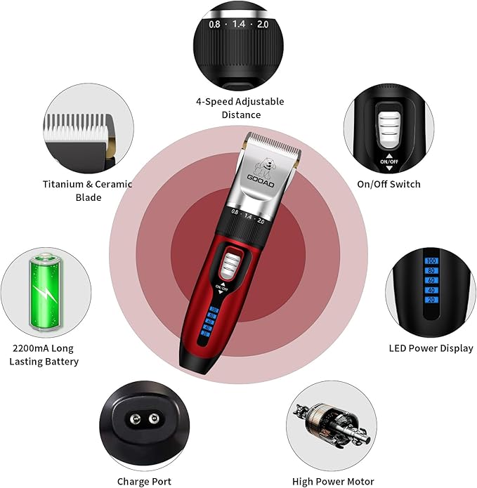 Cat Clippers for Matted Hair, Cat Grooming Kit, Cordless Cat Shaver for Long Hair, Low Noise Paw Trimmer, Cat Hair Trimmer for Grooming,Quiet Pet Hair Clippers Tools for Cats Dogs (Red)-PawvioPets