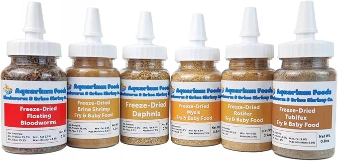 Aquatic Foods Inc. 6-Pack of Bloodworms, Brine Shrimp, Daphnia, Mysis Shrimp, Rotifers, Tubifex Powder & Bits for Freshwater Fish, Marines, Corals, Anemones, Baby Pond Fish…6 x SM Squeeze Bottles-PawvioPets
