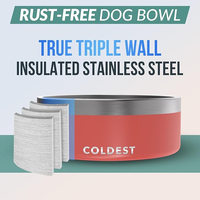 Coldest Dog Bowl - Anti Rust Metal, Non Slip, 3 Layers Insulated Stainless Steel Dog Bowls - Spill Proof & Heavy Duty - Water Bowl for Dogs, Cats & Pets, Dish Washer Safe (64 oz, Crimson Red)-PawvioPets