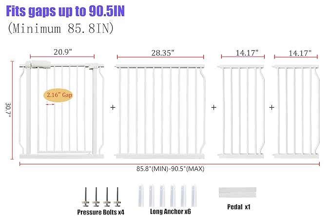 Extra Wide Baby Gate 85.8-90.5 Inch, Pressure Mounted No Drilling, for Stairs & Doorways, Metal White Indoor Safety Gate for Kids and Dogs-PawvioPets