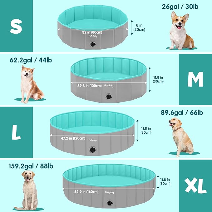 Furrybaby Dog Pool, Kiddie Pool with Hard Plate Collapsible Pet Bath Foldable Swimming Pet Pool Portable Grey 39''-PawvioPets