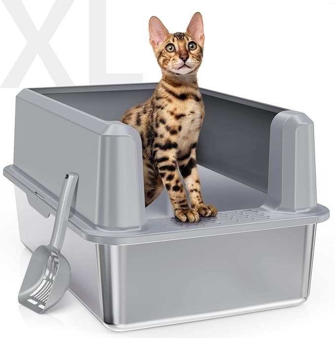 Enclosed Stainless Steel Cat Litter Box with Lid, XL Extra Large Litter Box for Big Cats, Metal Litter Pan High Sided, Never Absorbs Odors, Anti-Urine Leakage, Include Scoop (SH-Light Gray)-PawvioPets