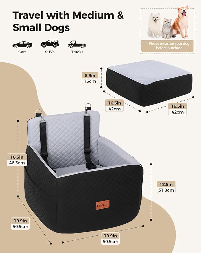 Dog Car Seat for Small & Medium Dogs Under 35lbs, Detachable & Washable Pet Car Seat, Interior Height 6 Inches Pet Travel Bed with Storage Pockets and 2 Dog Safety Belts (Black/Gray)-PawvioPets