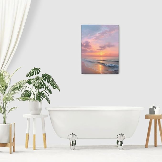 Beach Sunset Wall Art Ocean Coastal Scenery Wall Decor Seascape Picture Canvas Landscape Painting Print Framed Artwork Decorations for Living Room Office Bedroom Kitchen 12"x16"-PawvioPets