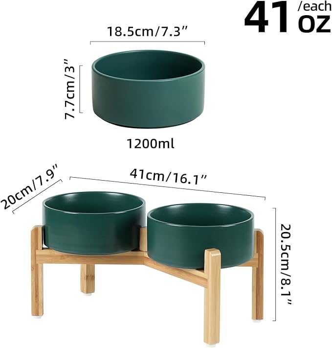 Ceramic Raised Double Bowls Set with Stand, Food & Water Bowls for Medium Breed Dogs, Weighted Dog Dishes, Pet Bowl(7.3'',41OZ, Green)-PawvioPets