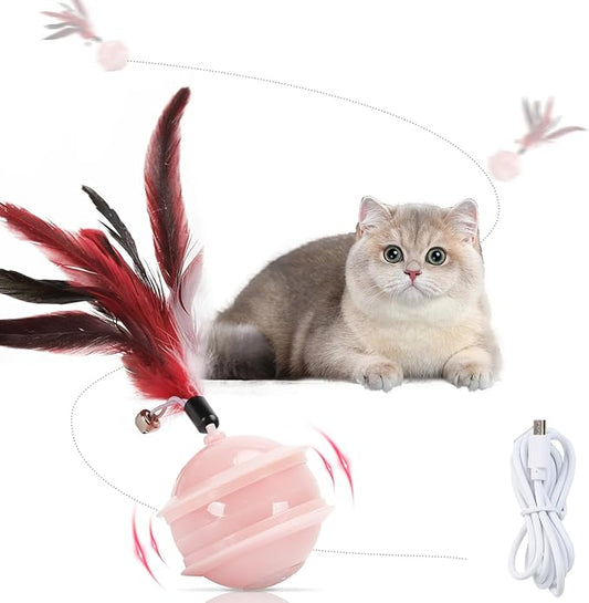 Colurful LED Interactive Cat Feather Toy Ball for Bored Indoor Adult Cats Chase Automatic Moving Ball Rechargeable Self Rolling Automated Tumbler Toy Electric Cat Toy (Pink)-PawvioPets