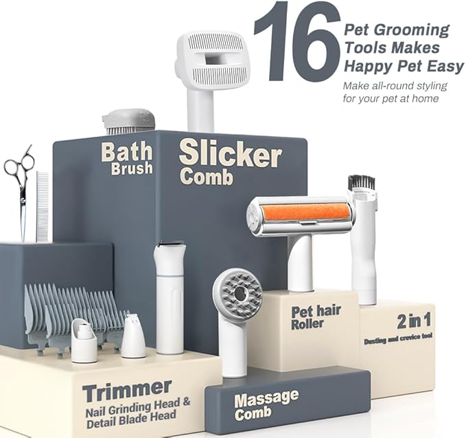 Bunfly Dog Grooming Kit,13000Pa Strong Grooming & Vacuum Suction 99.99% Pet Hair, 16 Pet Grooming Tools for Dogs Cats, 3L Large Capacity Dust Cup, Quiet Pet Vacuum Groomer (Silver & White)-PawvioPets