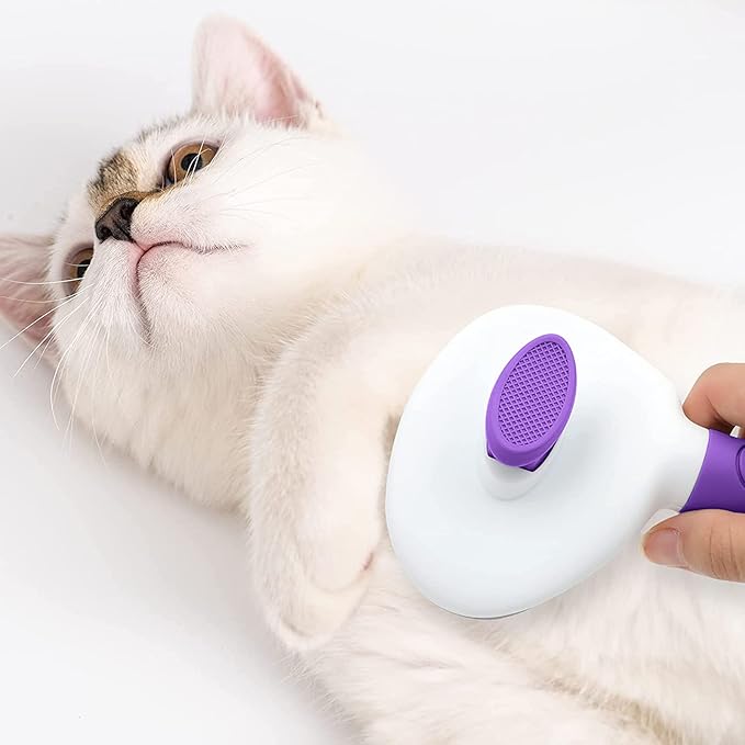 Cat Brush for Shedding, Cat Hair Brush with Release Button for Indoor Cats Dogs Self Cleaning Grooming(Purple)-PawvioPets