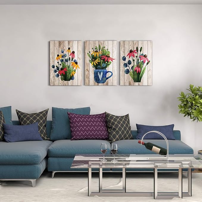 Canvas Wall Art For Kitchen Wall Decoration For Living Room Wall Decor For Bedroom Room Decor Vintage Wood Grain Plant Flowers Wall Painting Office Wall Pictures Artwork Home Decor 16" X 24" 3 Piece-PawvioPets