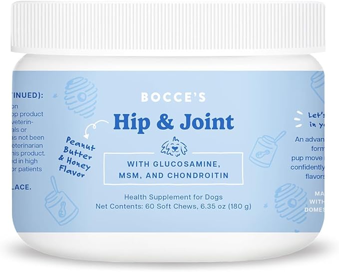 Bocce's Bakery Hip & Joint Supplement for Dogs, Daily Chews Made in The USA with Glucosamine, MSM, and Chondroitin, Supports Healthy Joints, Peanut Butter & Honey, 60 ct-PawvioPets