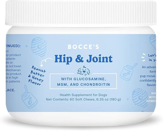 Bocce's Bakery Hip & Joint Supplement for Dogs, Daily Chews Made in The USA with Glucosamine, MSM, and Chondroitin, Supports Healthy Joints, Peanut Butter & Honey, 60 ct-PawvioPets
