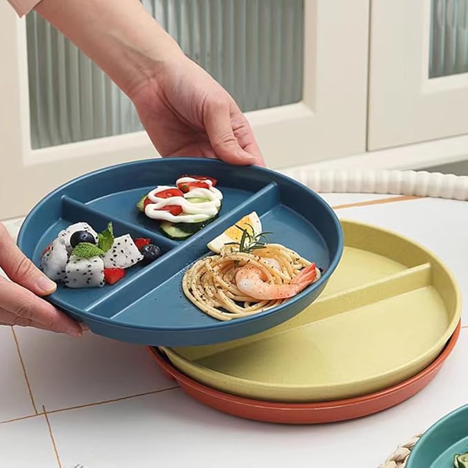 9" Unbreakable Divided Plates Set of 5, Wheat Straw Plate Reusable Dinnerware Portion Control Plate, Round Bariatric Plastic Plate for Kids Adults, BPA-free, Dishwasher Safe-PawvioPets