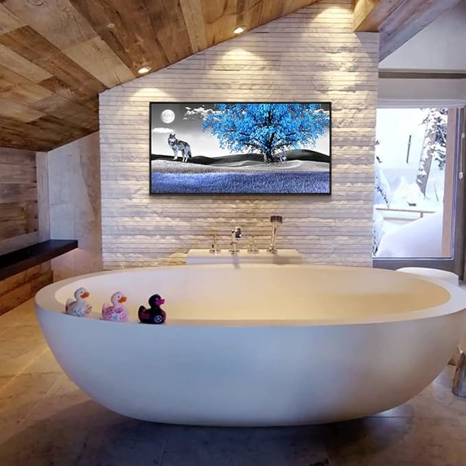 Framed Canvas Wall Art For Living Room Family Wall Decorations For Bedroom Modern Office Wall Decor Paintings Blue Tree Landscape Pictures Artwork Canvas Art Prints Home Decor Black Frame 20" X 40"-PawvioPets