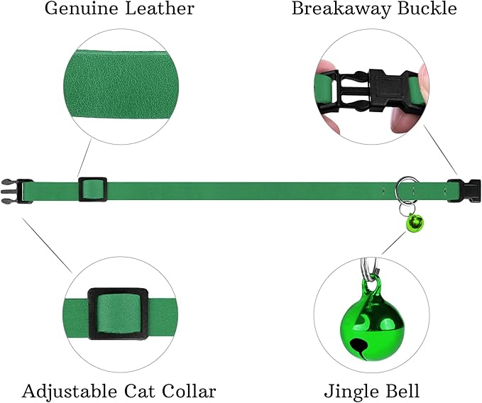 Breakaway Cat Collar Leather with Removable Bell - 13 Colors Available - Soft Adjustable Girl Boy Safety Lightweight Pet Kitten Collars Pink Brown Blue Green Red Orange Black (Green)-PawvioPets