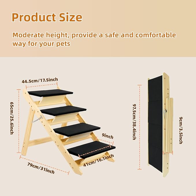 Foldable Dog Stairs/Ramp with 4 Steps - Durable Wooden Pet Stairs for Small, Medium, Large Dogs - Black (5098)-PawvioPets